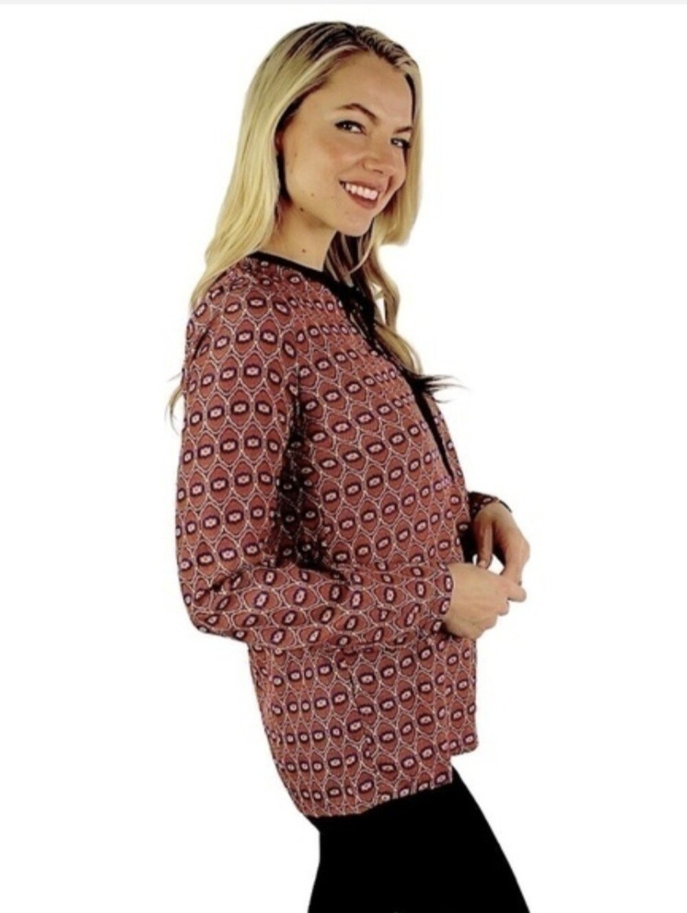 Sabine Orange Geometric Long-Sleeve Henley with Navy Trim